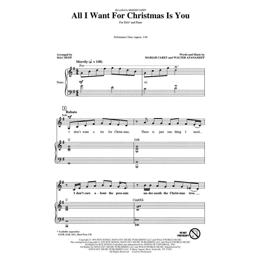 Mariah Carey: All I Want For Christmas Is You - SSA