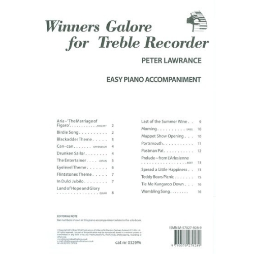 Winners Galore for Treble Recorder - Arr. Laurence, Peter. (Piano Accompaniment only)