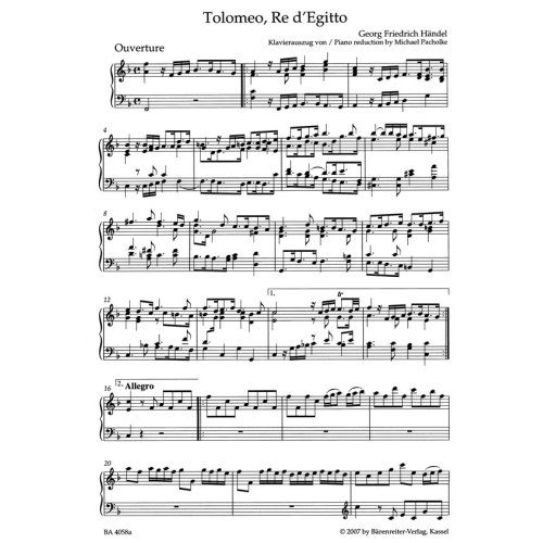 Handel, G F - Tolomeo, Re di Egitto (HWV 25) (It) (Urtext).