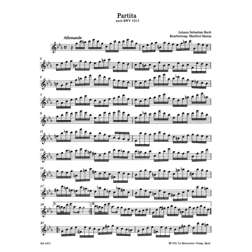 Bach, J.S - Partita for Solo Treble Recorder in C minor (original key A minor) BWV 1013
