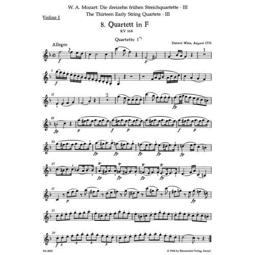 Mozart W.A. - String Quartets (Early) (13) (Urtext), Vol. 3 (K.168-170).