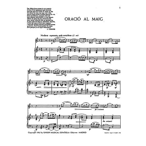 Toldra: Oracio Al Maig (Amaz) for Clarinet and Piano