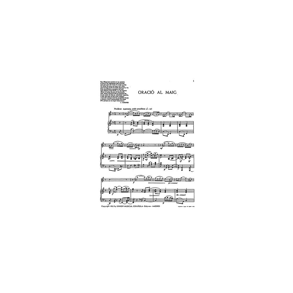 Toldra: Oracio Al Maig (Amaz) for Clarinet and Piano