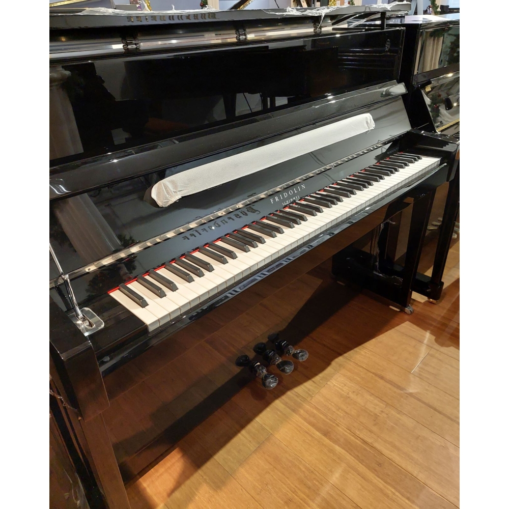 Fridolin Schimmel F121T Upright Piano in Black Polyester with Chrome Fittings
