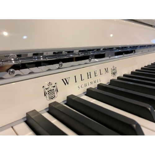 Wilhelm Schimmel W114M Modern Upright Piano in White Polyester and Chrome Fittings