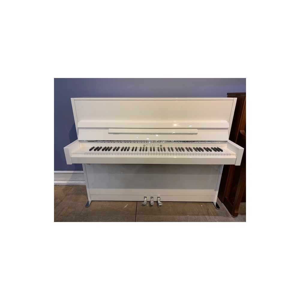 Wilhelm Schimmel W114M Modern Upright Piano in White Polyester and Chrome Fittings
