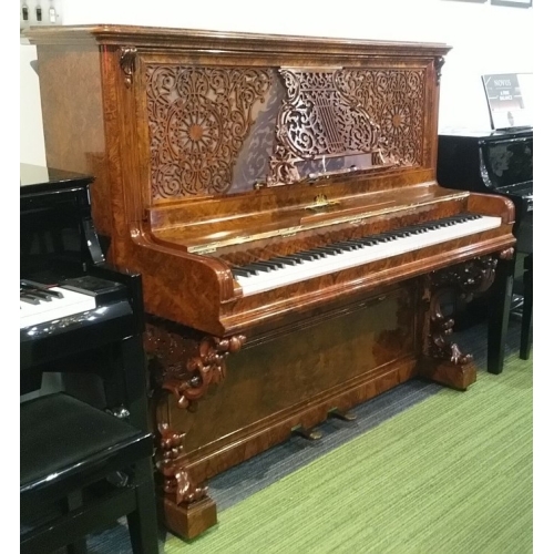 SOLD: Antique Kirkman Upright Piano in Burl Walnut with New Wilhelm Schimmel Inside