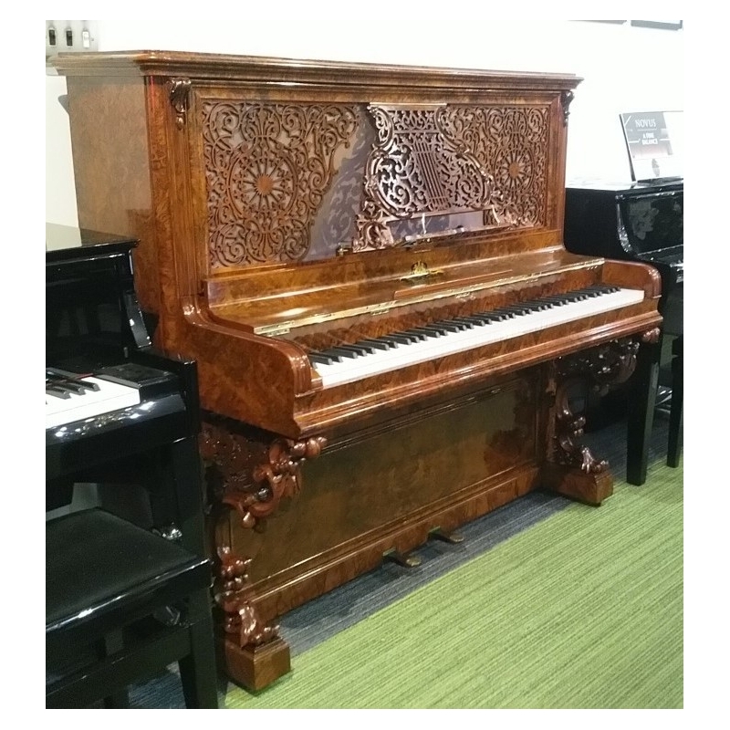 SOLD: Antique Kirkman Upright Piano in Burl Walnut with New Wilhelm Schimmel Inside