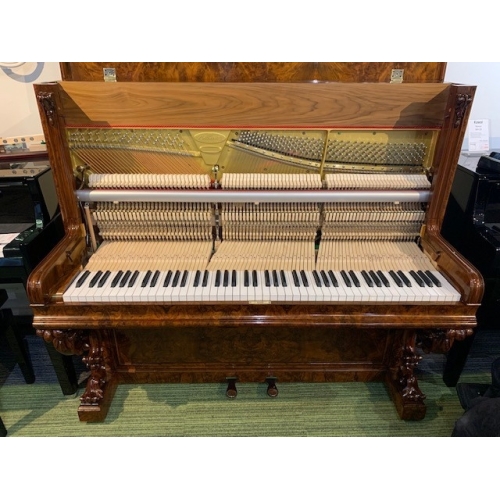 SOLD: Antique Kirkman Upright Piano in Burl Walnut with New Wilhelm Schimmel Inside