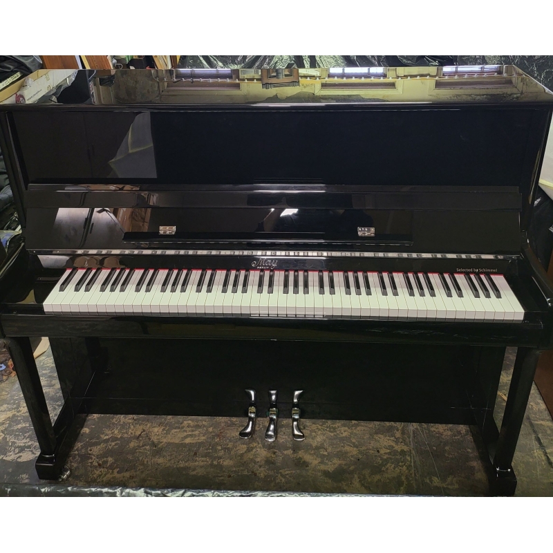 Pre-Owned May Berlin Upright Piano in Black Polyester with Chrome Fittings