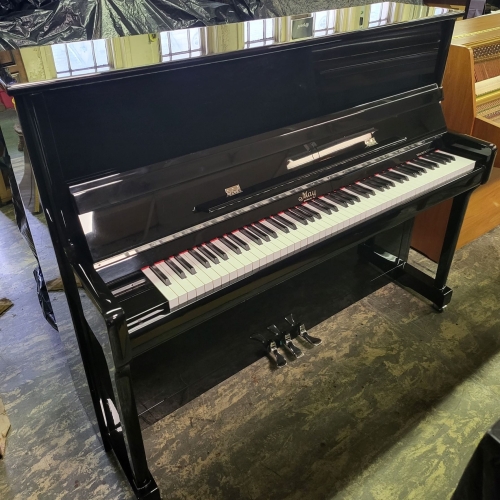 Pre-Owned May Berlin Upright Piano in Black Polyester with Chrome Fittings