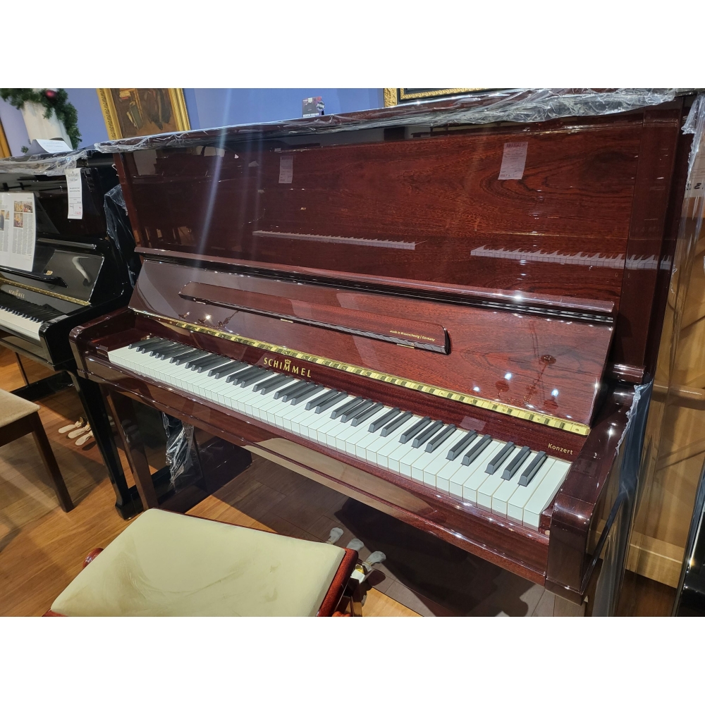 Schimmel K132T upright piano finished in mahogany polyester