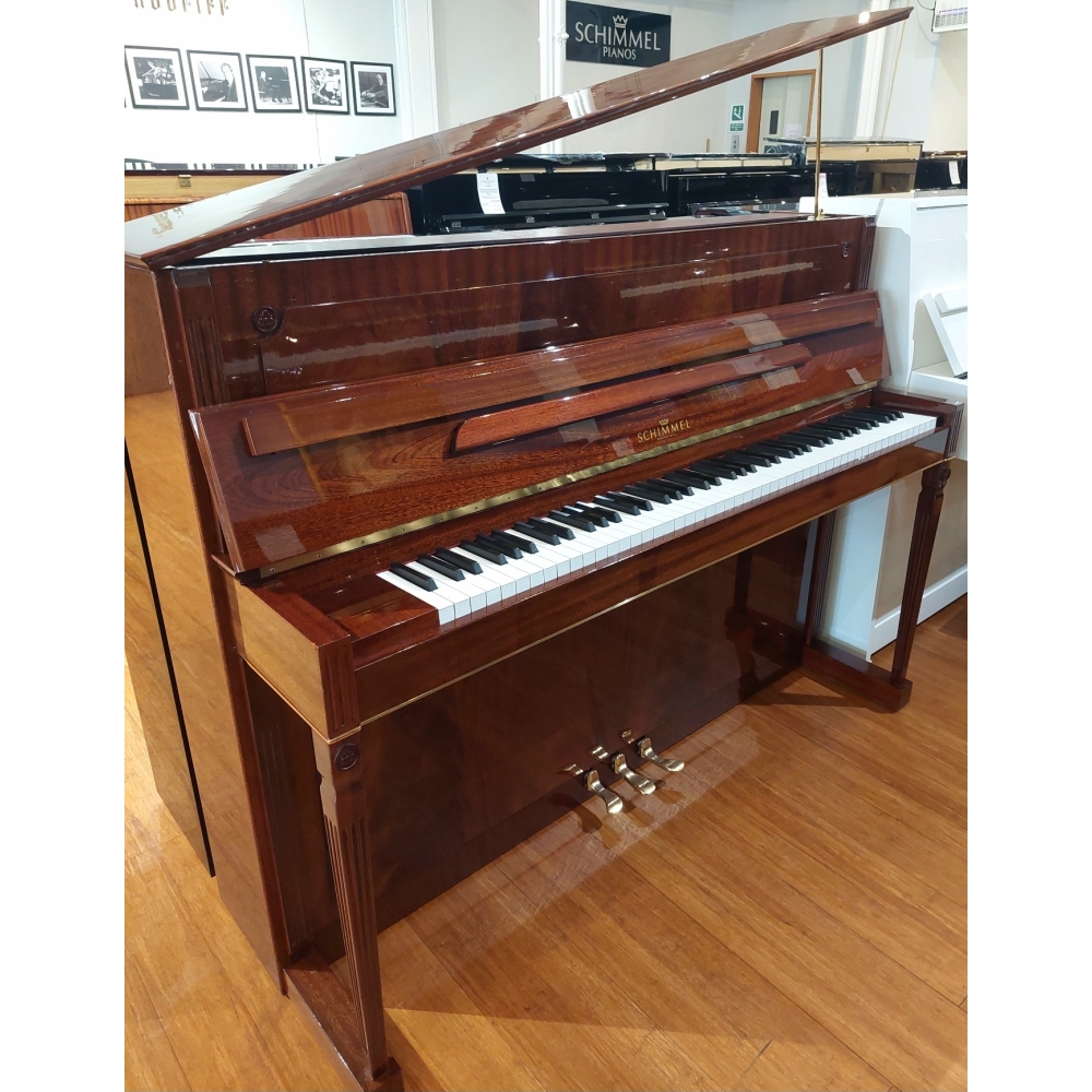 SOLD: Pre-owned Schimmel 112 Empire Upright Piano in Flame Mahogany Polyester