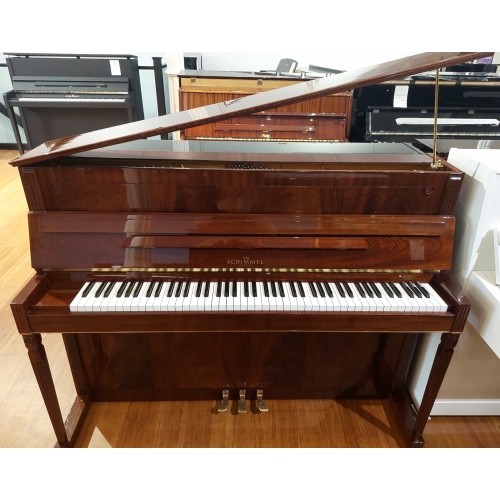 SOLD: Pre-owned Schimmel 112 Empire Upright Piano in Flame Mahogany Polyester
