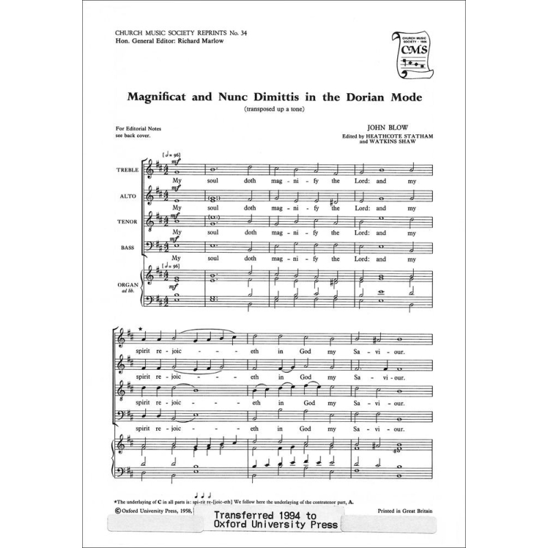 Blow, John - Magnificat and Nunc Dimittis in the Dorian Mode