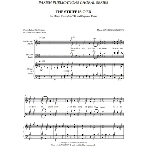 Higginson, Ian - The Strife Is O'er (SATB & Keyboard)