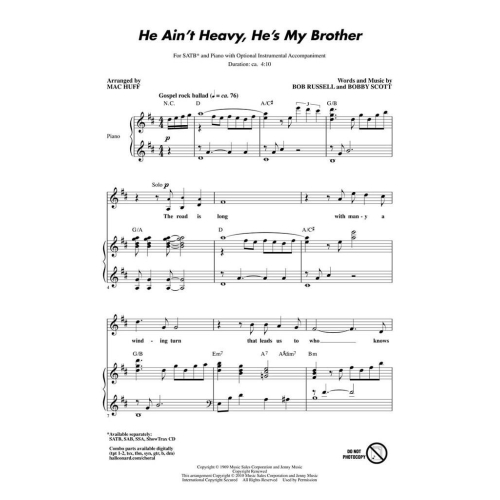Bob Russell/Bobby Scott: He Aint Heavy, Hes My Brother - SATB