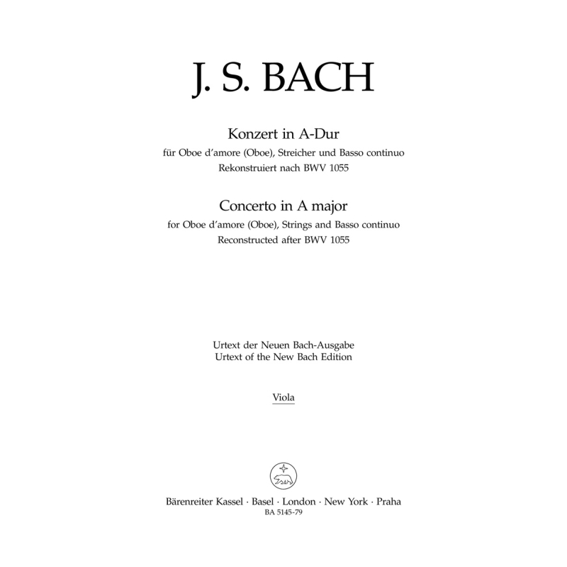 Concerto for Oboe dAmore in A (after BWV 1055) Viola - Johann Sebastian Bach