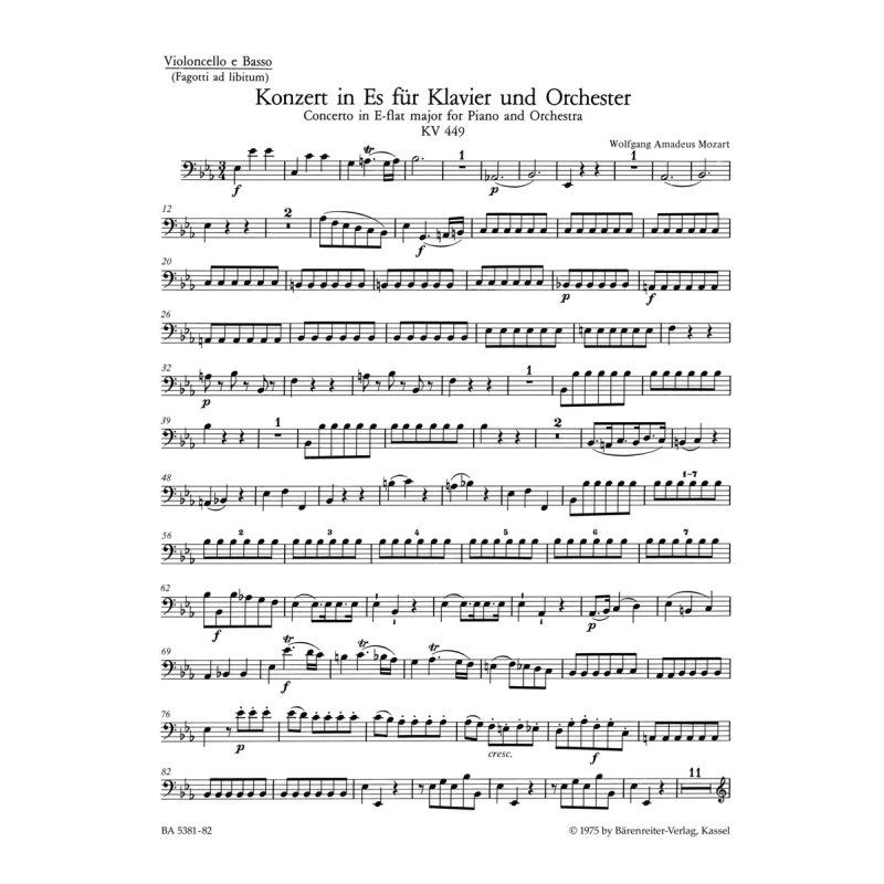Concerto for Piano No. 14 in E-flat (K.449) Cello/Double Bass - Wolfgang Amadeus Mozart