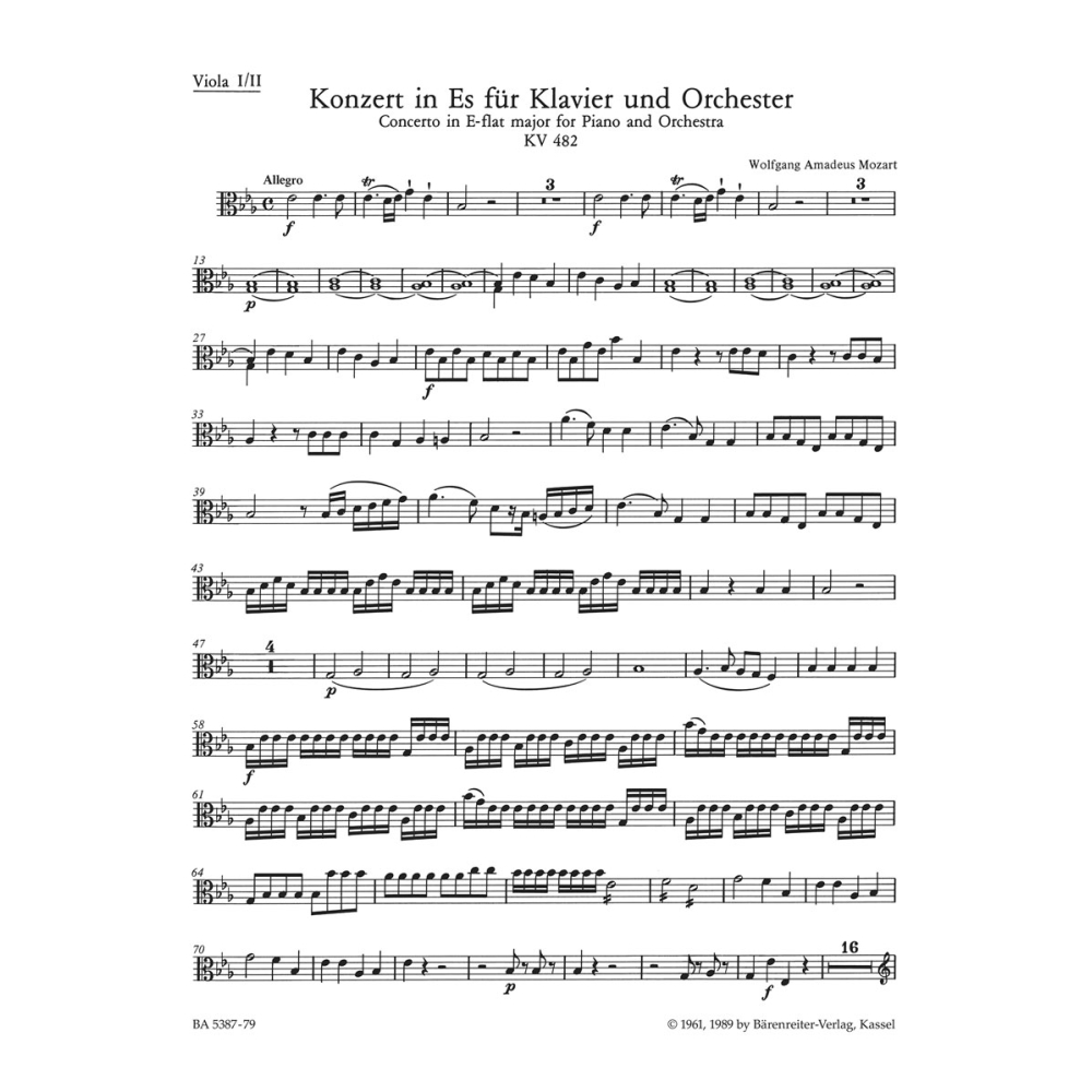 Concerto for Piano No. 22 in E-flat (K.482) Viola I/II - Wolfgang Amadeus Mozart