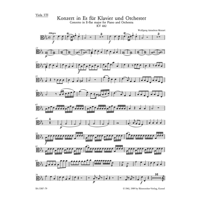Concerto for Piano No. 22 in E-flat (K.482) Viola I/II - Wolfgang Amadeus Mozart