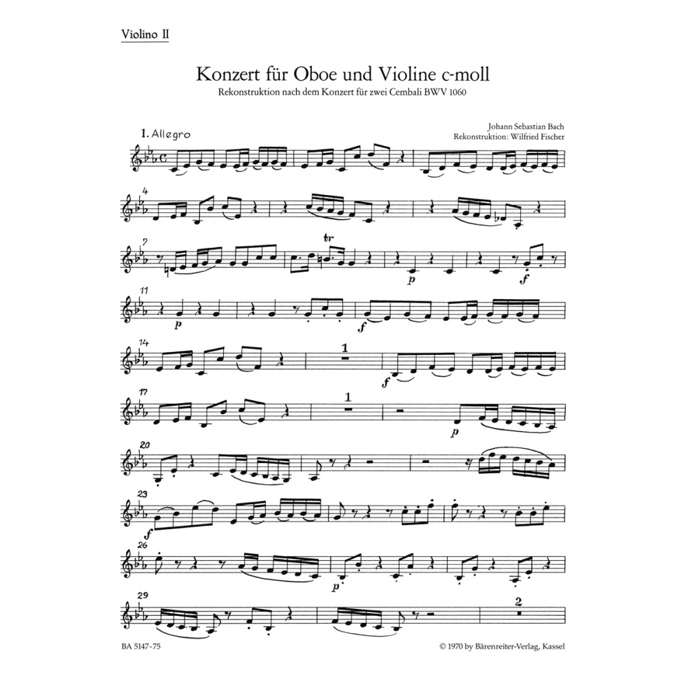 Concerto for Violin and Oboe in C minor (reconstructed from BWV 1060) Violin II - Johann Sebastian Bach