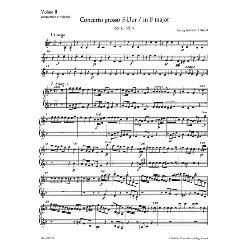 Concerto Grosso Op.6, No. 9 in F Violin II - George Frideric Handel