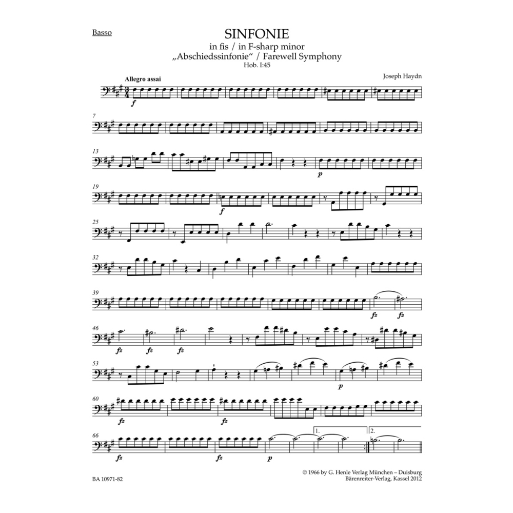 Symphony No.45 in F-sharp minor (Farewell) (Hob. I:45) Cello/Bass - Franz Joseph Haydn