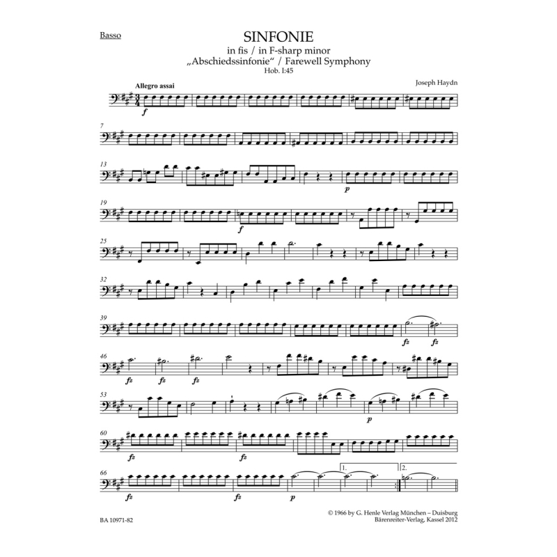 Symphony No.45 in F-sharp minor (Farewell) (Hob. I:45) Cello/Bass - Franz Joseph Haydn
