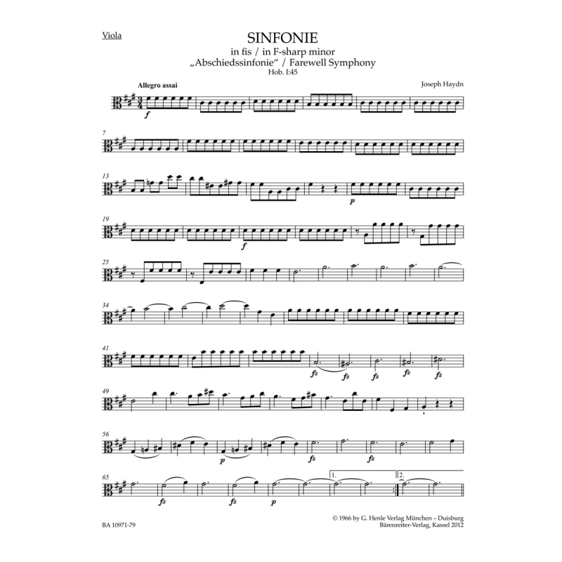 Symphony No.45 in F-sharp minor (Farewell) (Hob. I:45) Viola - Franz Joseph Haydn
