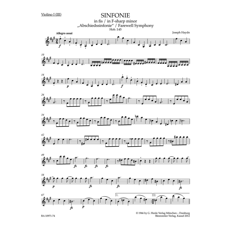 Symphony No.45 in F-sharp minor (Farewell) (Hob. I:45) Violin I - Franz Joseph Haydn