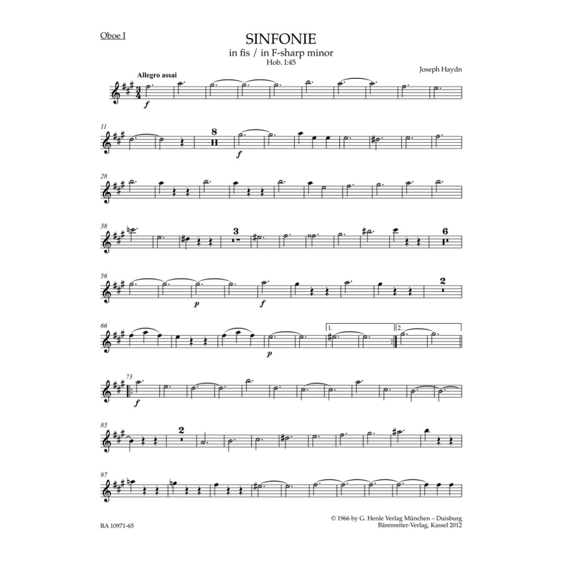 Symphony No.45 in F-sharp minor (Farewell) (Hob. I:45) Wind Set - Franz Joseph Haydn