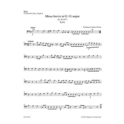 Missa Brevis in G (K.49) Cello/Bass - Wolfgang Amadeus Mozart