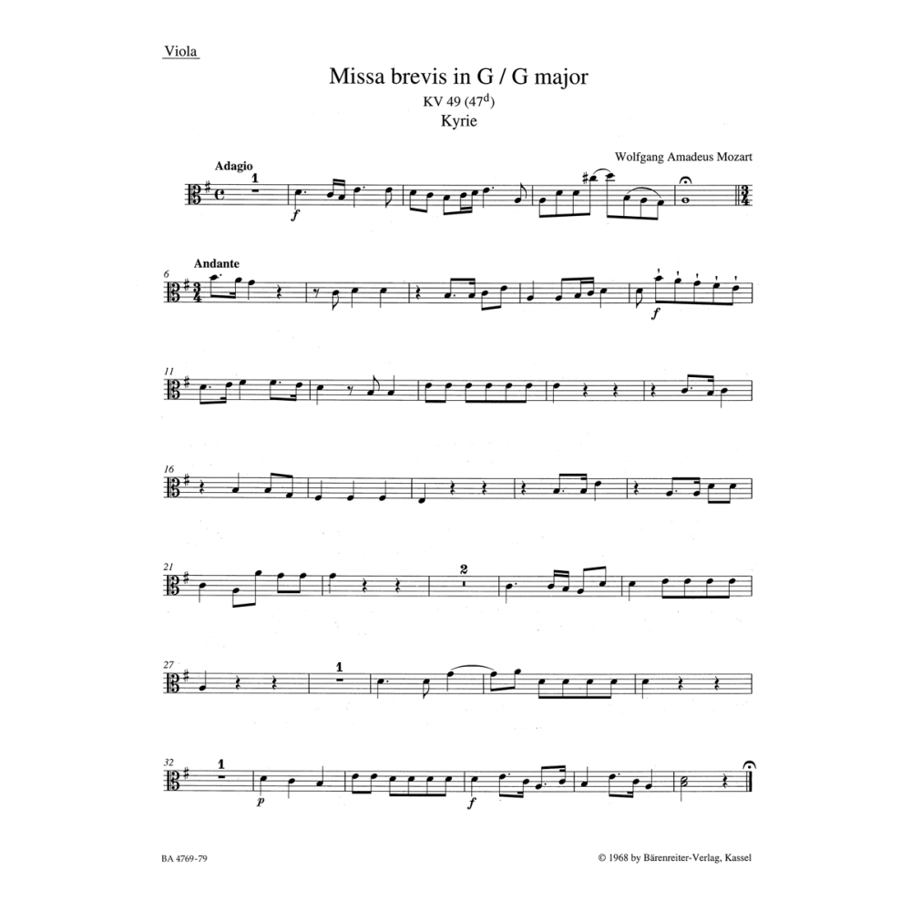 Missa Brevis in G (K.49) Viola - Wolfgang Amadeus Mozart