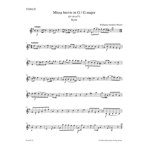 Missa Brevis in G (K.49) Violin II - Wolfgang Amadeus Mozart