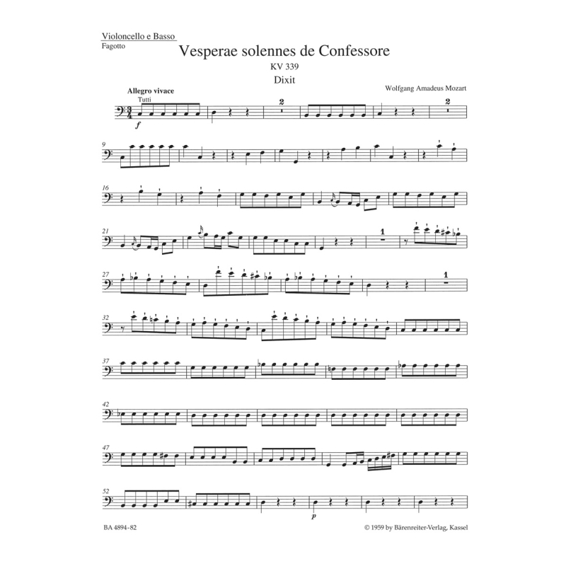 Vesperae Solennes de Confessore (K.339) Cello/Double Bass - Wolfgang Amadeus Mozart