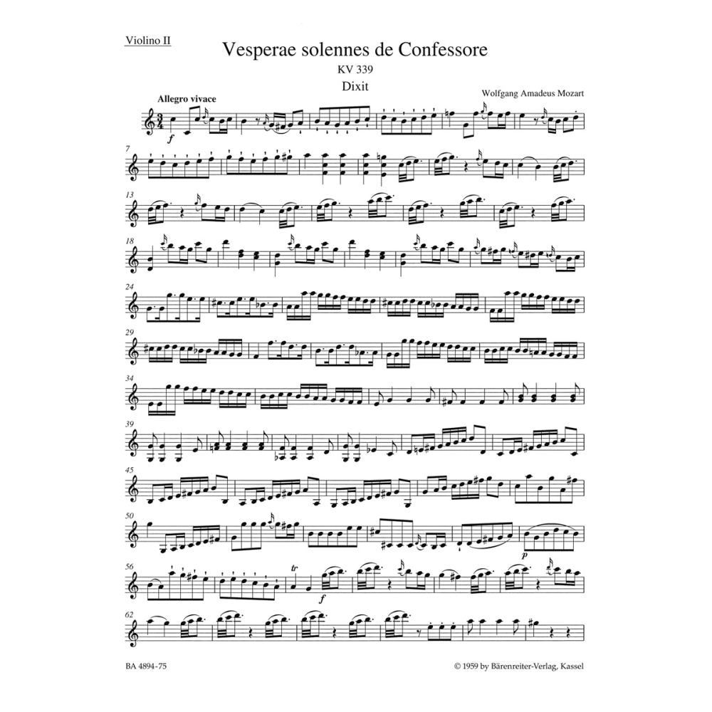 Vesperae Solennes de Confessore (K.339) Violin II - Wolfgang Amadeus Mozart