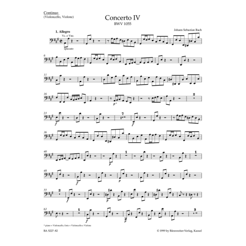 Concerto for Keyboard No. 4 in A (BWV 1055) Cello/Double Bass - Johann Sebastian Bach