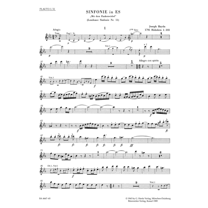 Symphony No. 103 in E-flat (Drum Roll) (HobI:103) (London No. 11) Wind Set - Franz Joseph Haydn