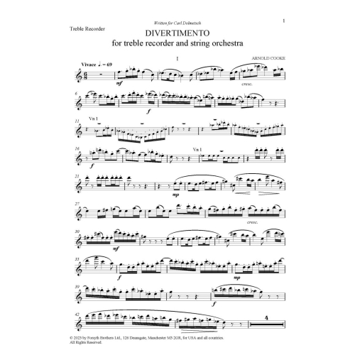 Divertimento for Treble Recorder and String Orchestra - Arnold Cooke