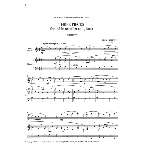 Three Pieces for Treble Recorder - Pitfield, Thomas