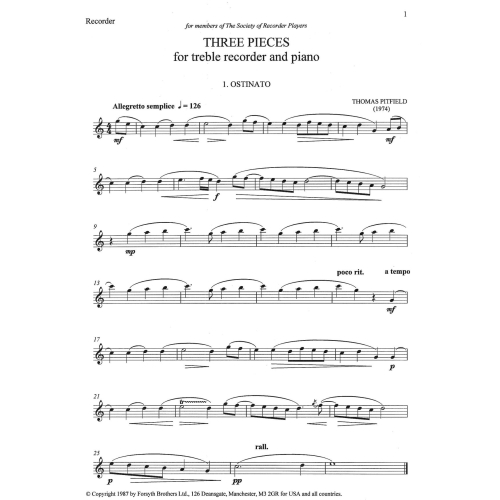 Three Pieces for Treble Recorder - Pitfield, Thomas