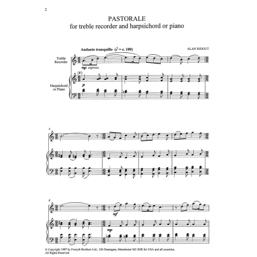 Pastorale for Treble Recorder and Piano - Ridout, Alan