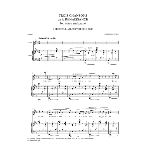 Manduell, John - Trois Chansons de la Renaissance for Baritone voice and piano