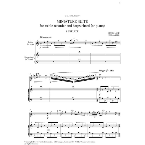 Miniature Suite for Treble Recorder and Harpsichord (or Piano) - David Lord