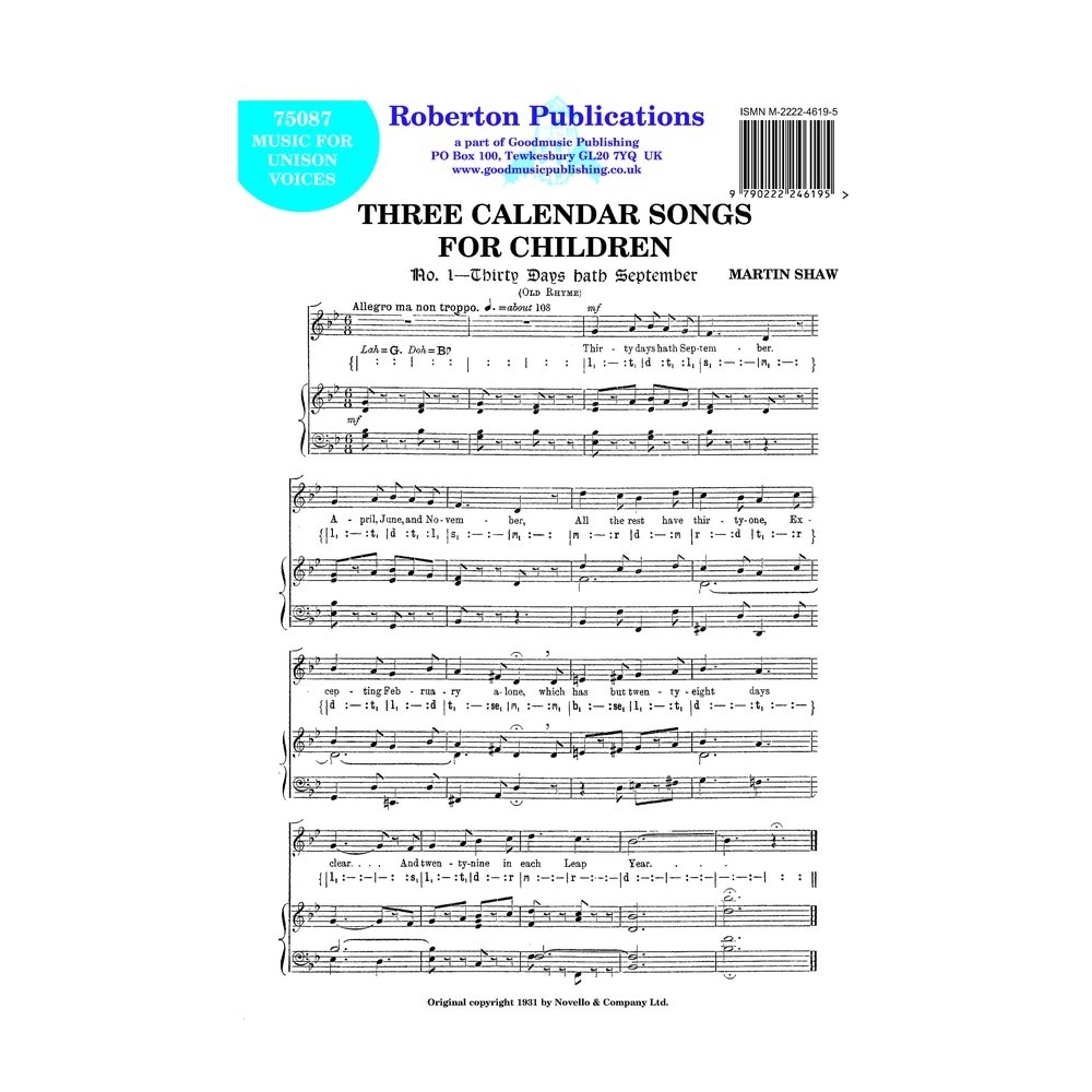 Shaw, M - Three Calendar Songs for Children