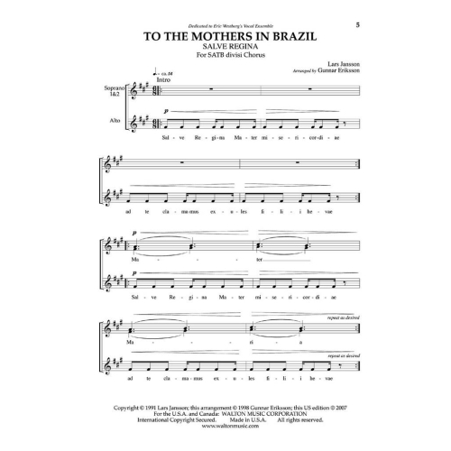 Jansson, Lars - To the Mothers in Brazil: Salve Regina