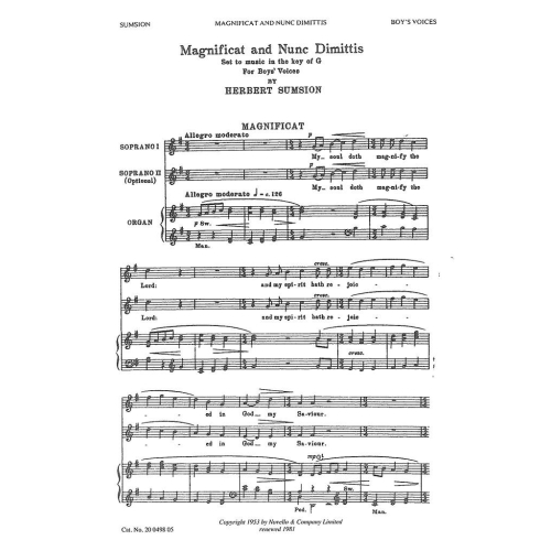 Sumsion, Herbert - Magnificat And Nunc Dimittis In G (Boys Voices)