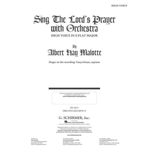 Malotte, Albert Hay - Sing The Lord's Prayer with Orchestra - High Voice