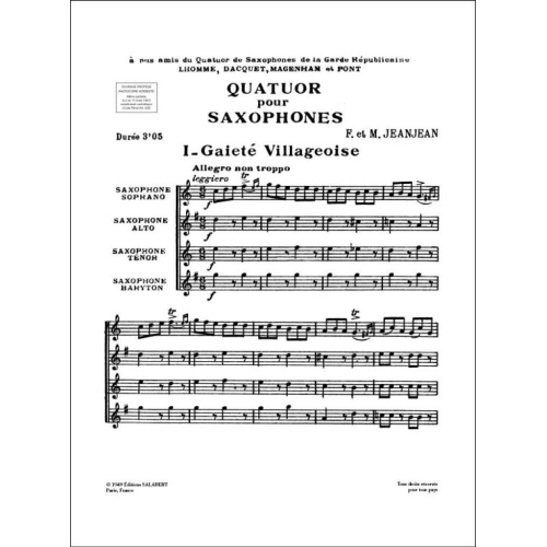 Jeanjean, F. - Quatuor Pour Saxophones Partition Et Parties